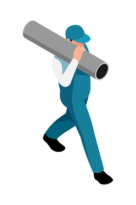 Worker in blue uniform carrying pipe 3d isometric vector illustration