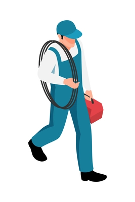 Isometric worker in uniform carrying wire rope and tool kit 3d vector illustration