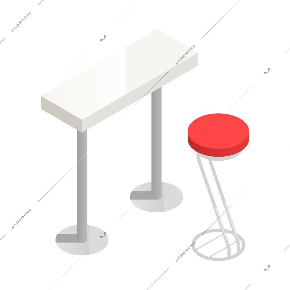 Fast food restaurant isometric interior with stool and table 3d vector illustration