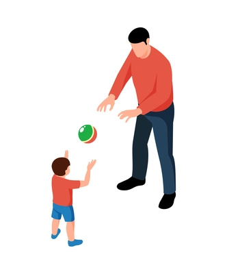 Isometric dad and his son playing with ball 3d vector illustration