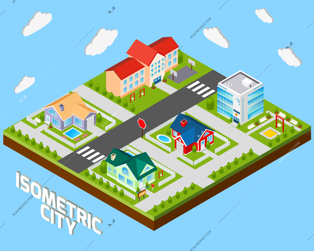 Isometric city project with police office and private family houses 3d vector illustration
