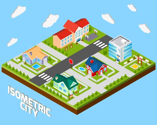 Isometric city project with police office and private family houses 3d vector illustration