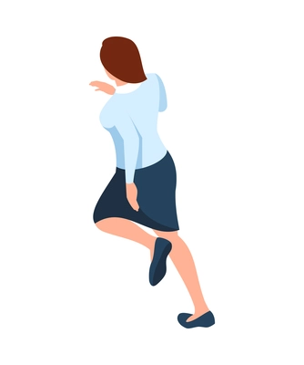 Running businesswoman in office wear back view 3d isometric vector illustration