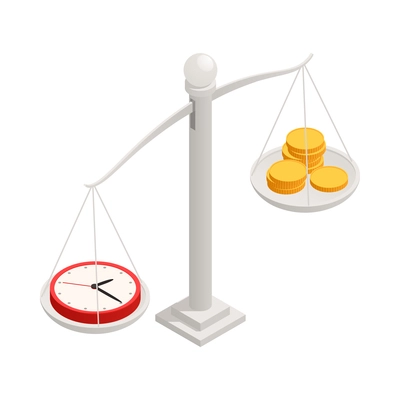 Isometric time management business planning isometric icon with clock and money on scales 3d vector illustration