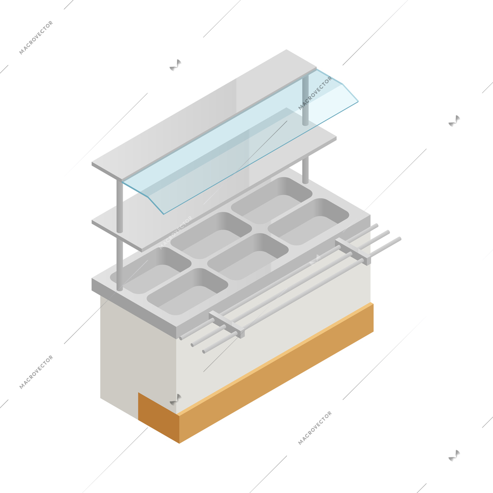 Isometric lunch service station with empty trays 3d vector illustration