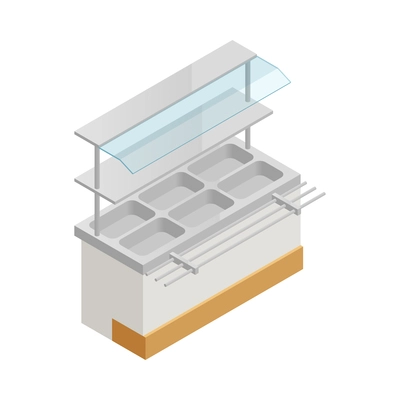 Isometric lunch service station with empty trays 3d vector illustration