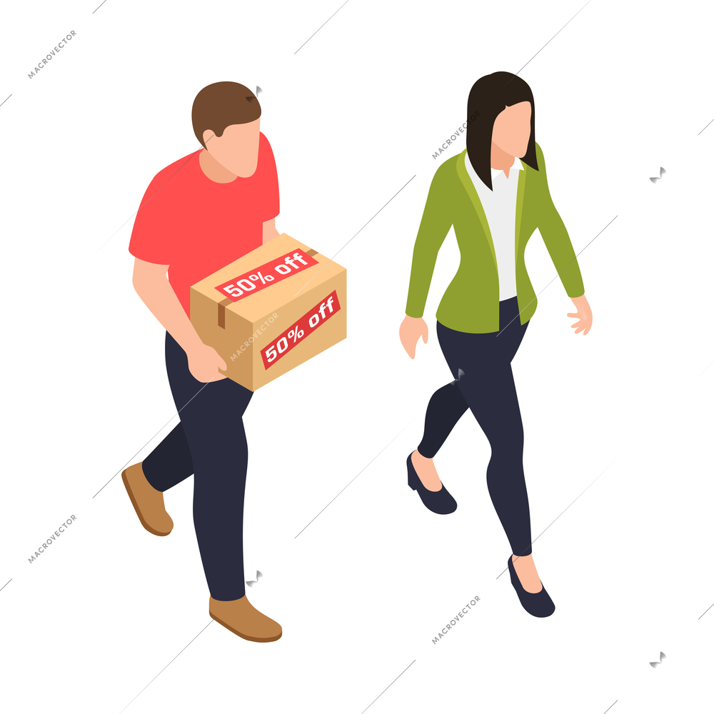 Isometric clearance sale concept with couple doing shopping 3d isolated vector illustration