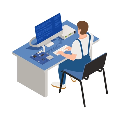Warranty service isometric icon with repairman fixing computer 3d vector illustration