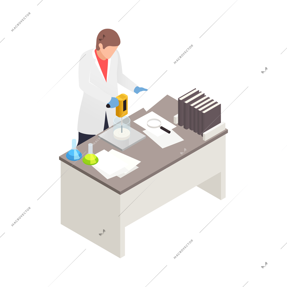 Male scientist working in laboratory at his desk 3d isometric vector illustration