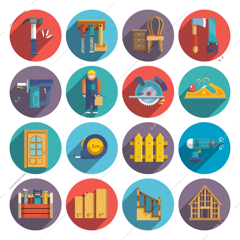 Carpentry industry equipment icons flat set with toolbox furniture wood fence isolated vector illustration