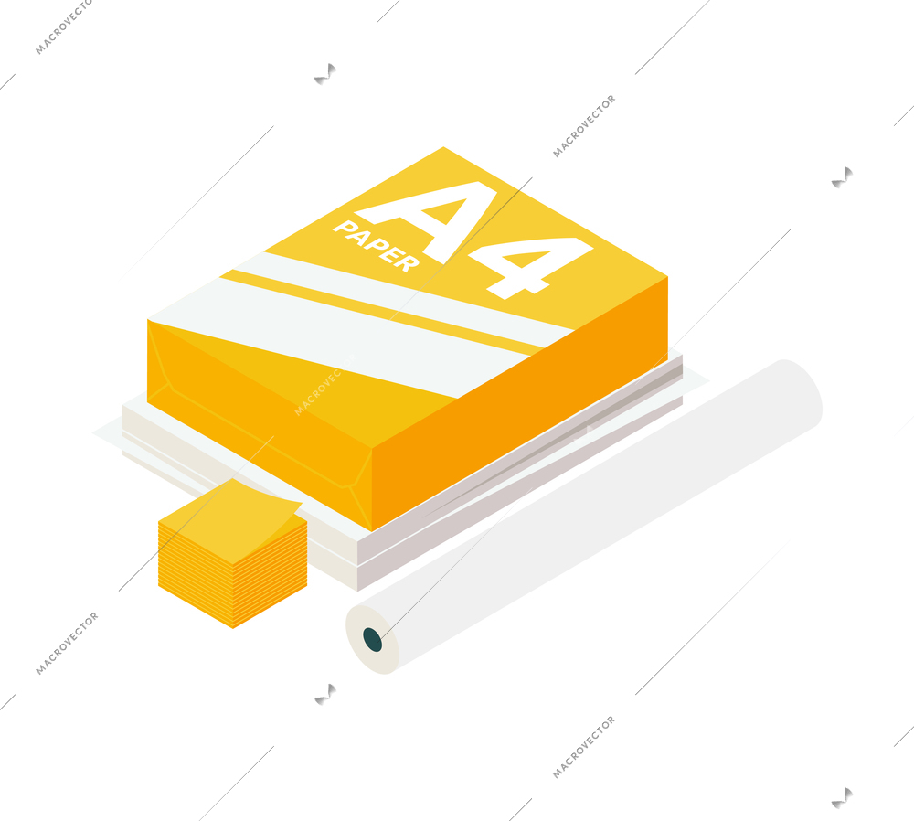 Pack of office printer paper roll and memo notes isometric icon 3d vector illustration