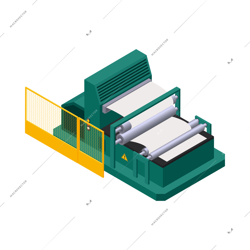 Paper production icon with pressing equipment on white background 3d isometric vector illustration