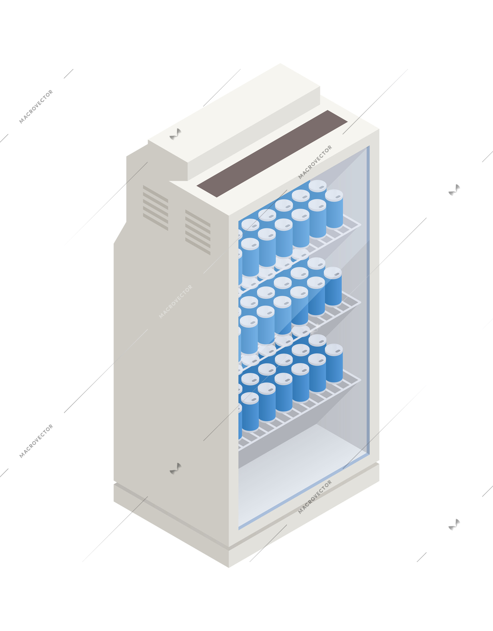 Isometric fridge with cans of drinking water 3d vector illustration