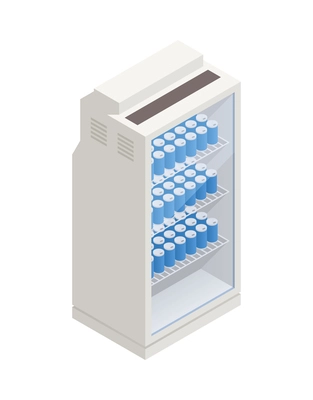 Isometric fridge with cans of drinking water 3d vector illustration