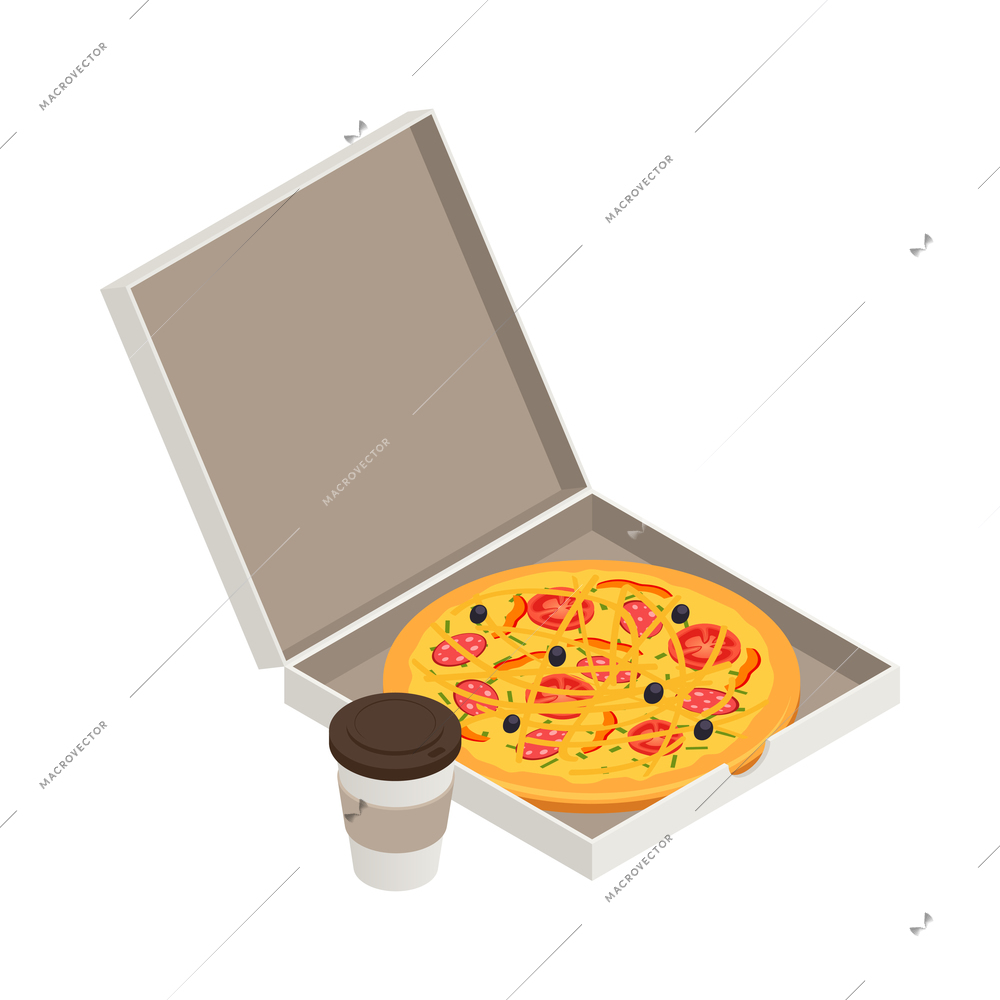 Isometric pepperoni pizza in cardboard box and paper coffee cup 3d vector illustration