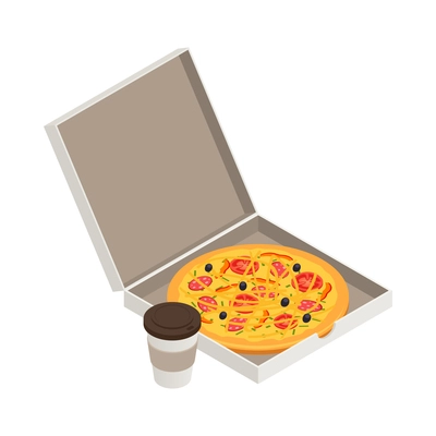 Isometric pepperoni pizza in cardboard box and paper coffee cup 3d vector illustration