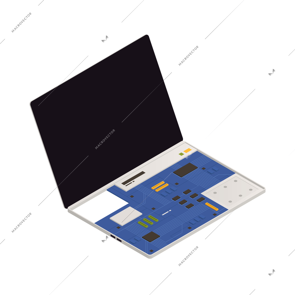 Warranty service isometric icon with half disassembled laptop on white background 3d vector illustration