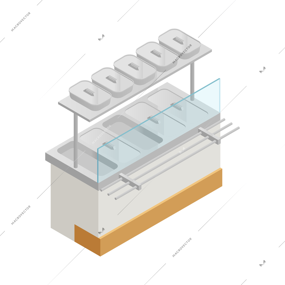 Isometric lunch service station in canteen or fast food restaurant 3d vector illustration