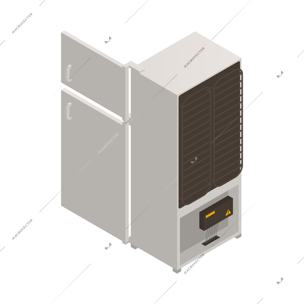 Isometric fridge with open door back view on white background 3d vector illustration