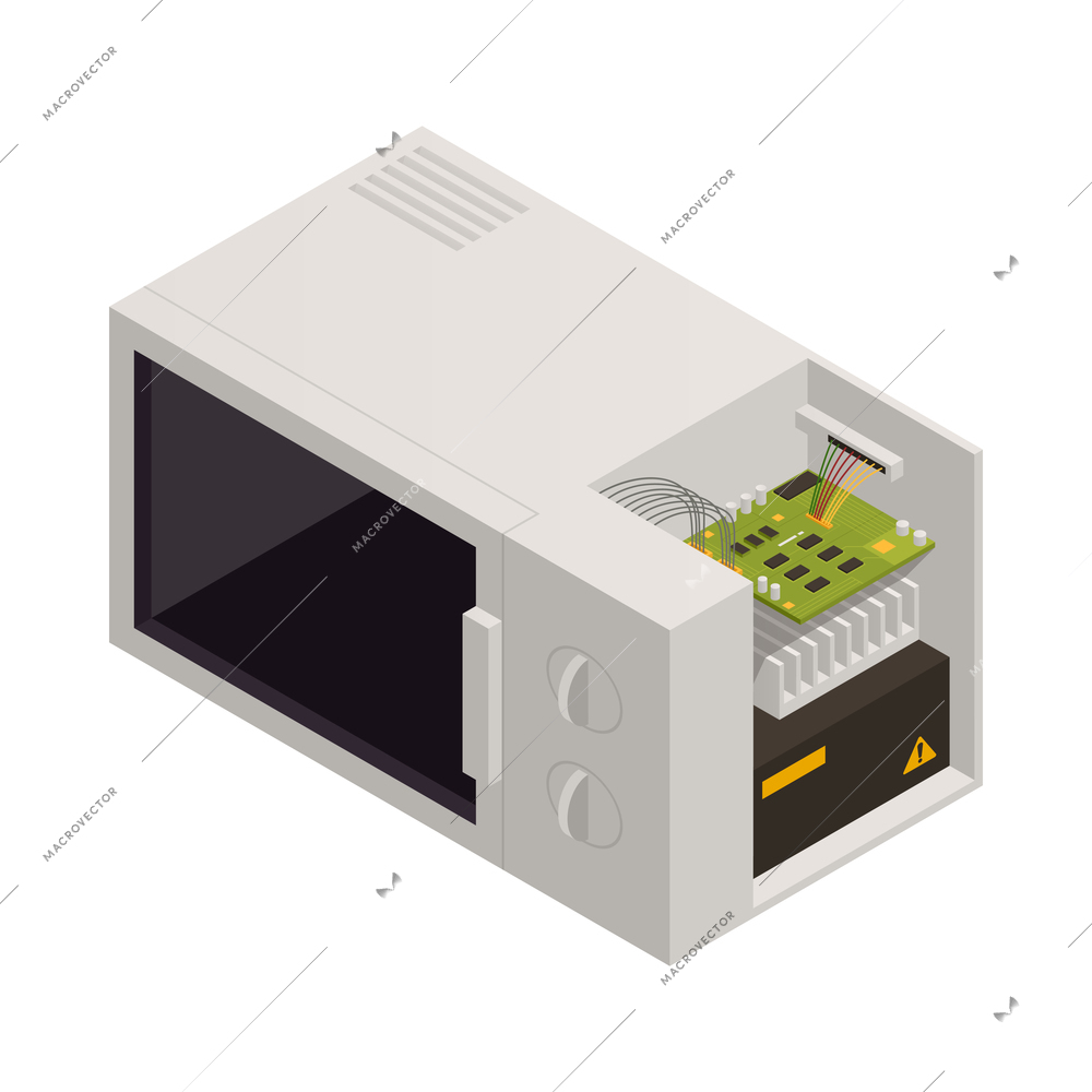 Warranty service isometric icon with half disassembled microwave oven on white background 3d vector illustration