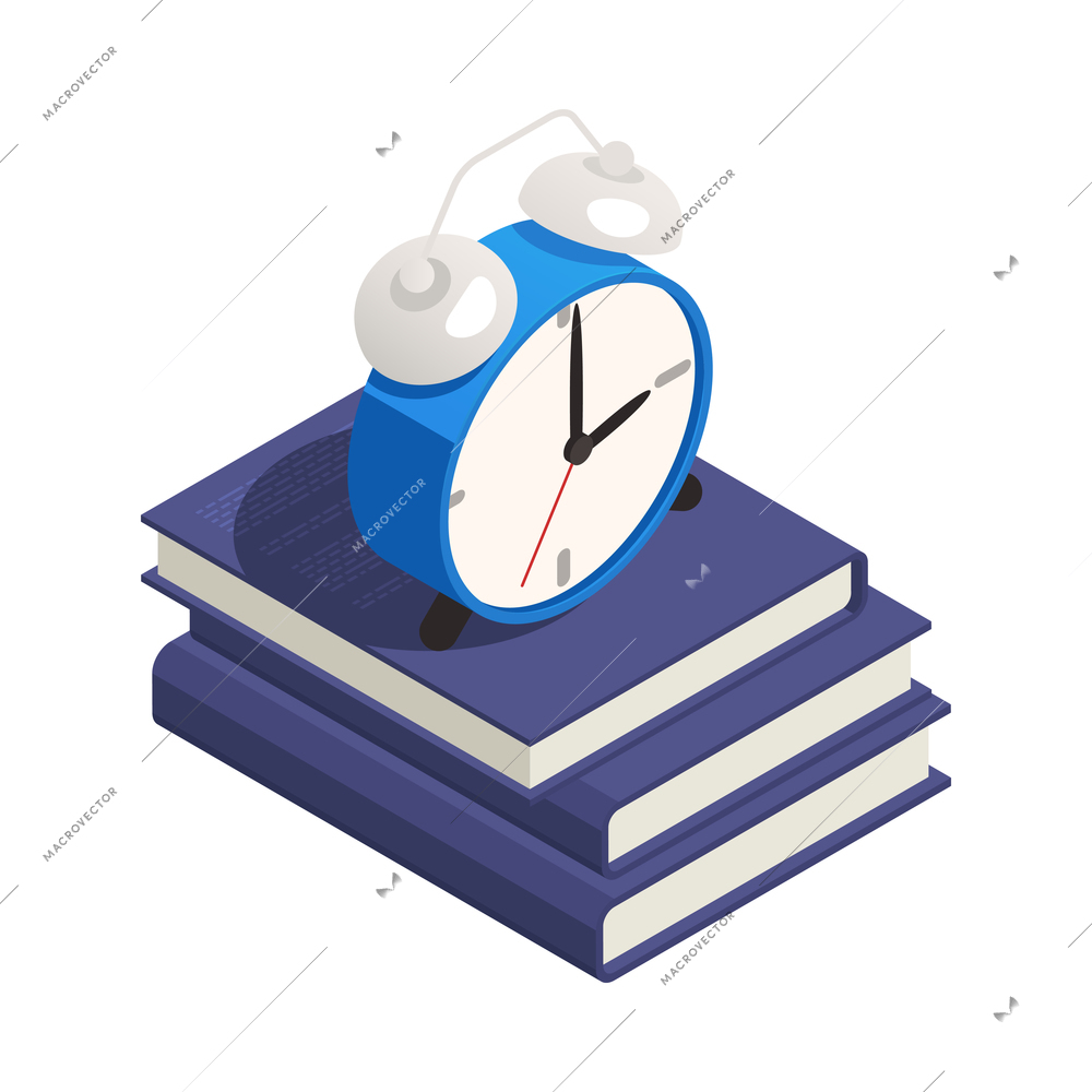 Time management icon with 3d alarm clock on stack of books isometric vector illustration