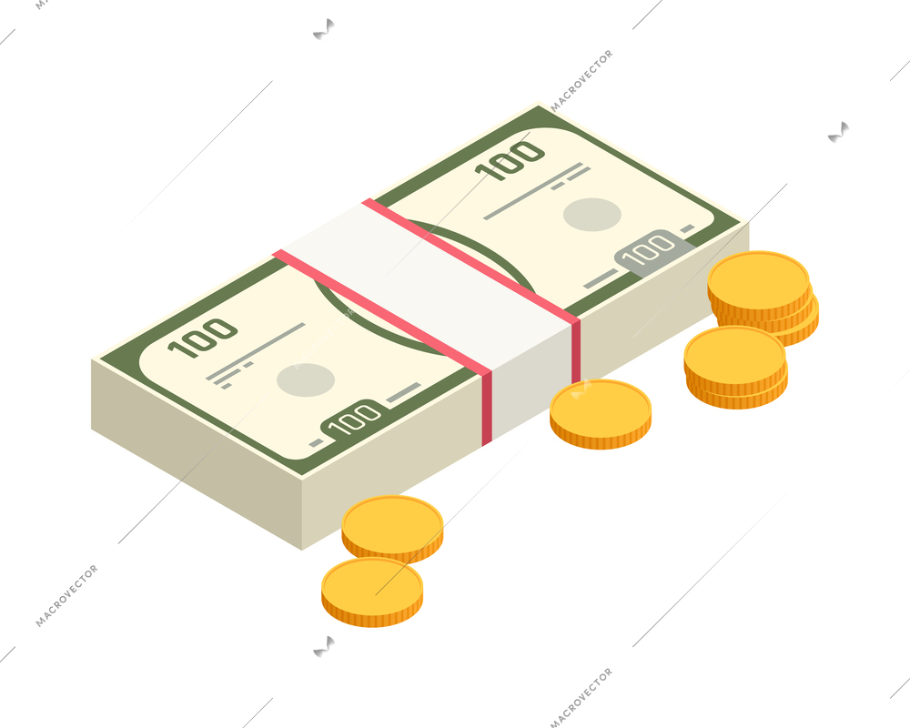 Isometric cash icon with banknotes and coins 3d vector illustration