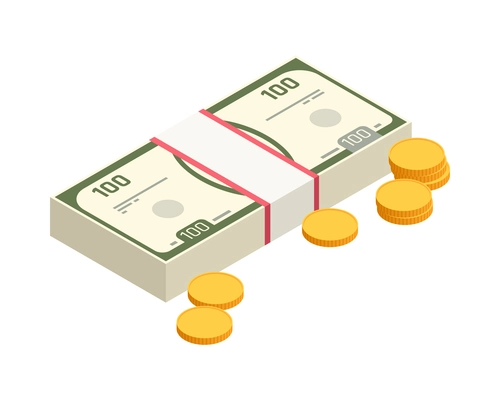 Isometric cash icon with banknotes and coins 3d vector illustration
