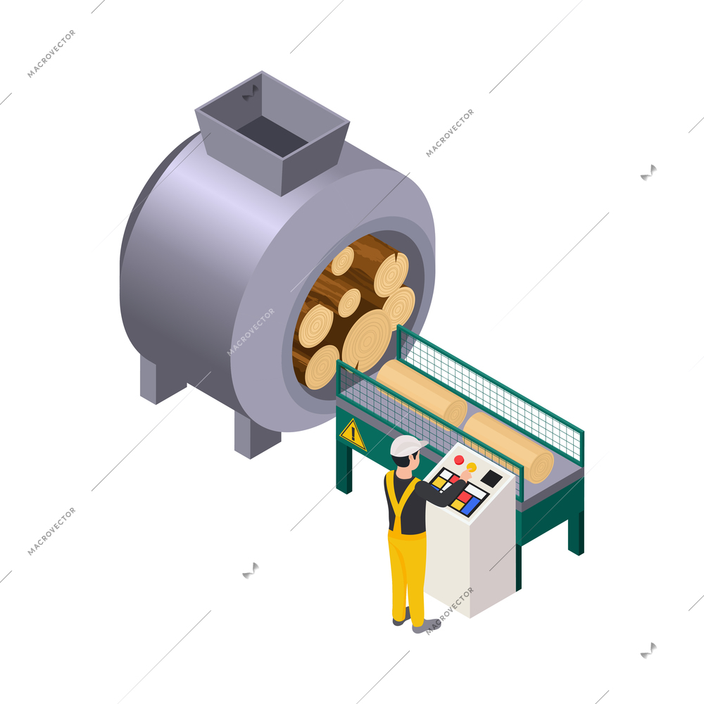 Isometric factory equipment with wood logs for paper production 3d vector illustration