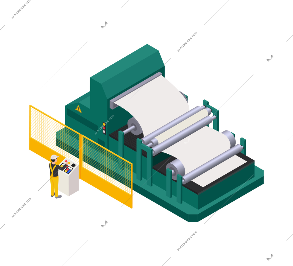 Paper production isometric icon with pressing equipment and worker 3d vector illustration