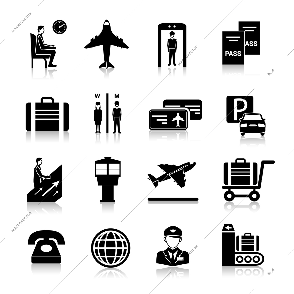 Airport icons black set with baggage check security control flying airplane isolated vector illustration