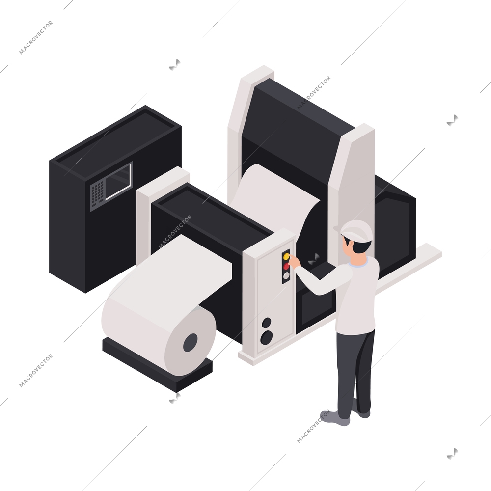 Printing house equipment and worker on white background 3d isometric vector illustration