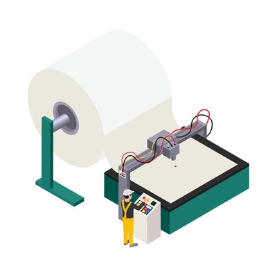 Paper production icon with factory equipment big roll and worker 3d isometric vector illustration