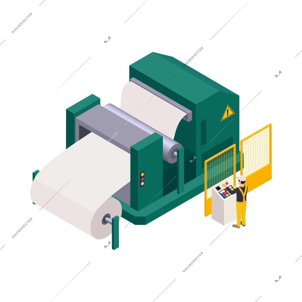 Paper production process with factory equipment and worker using it 3d isometric vector illustration