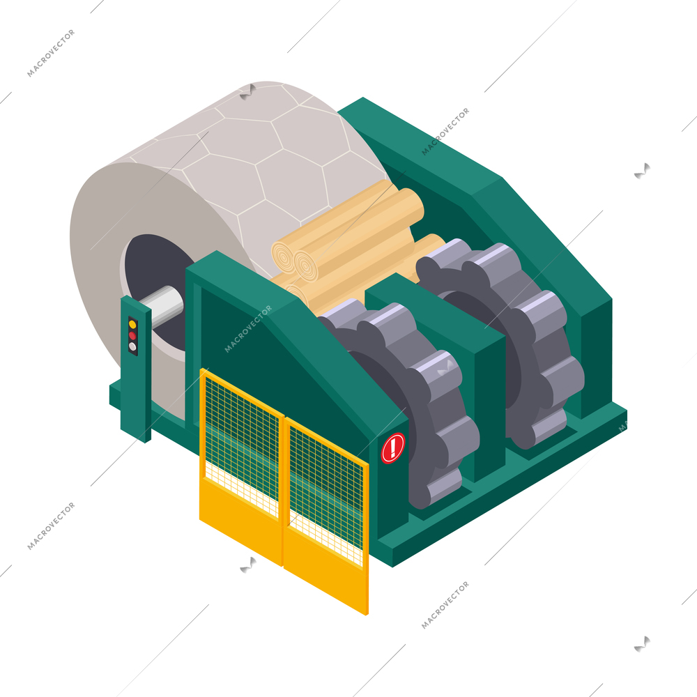 Paper production icon with isometric equipment for raw wood materials processing 3d vector illustration