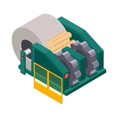 Paper production icon with isometric equipment for raw wood materials processing 3d vector illustration