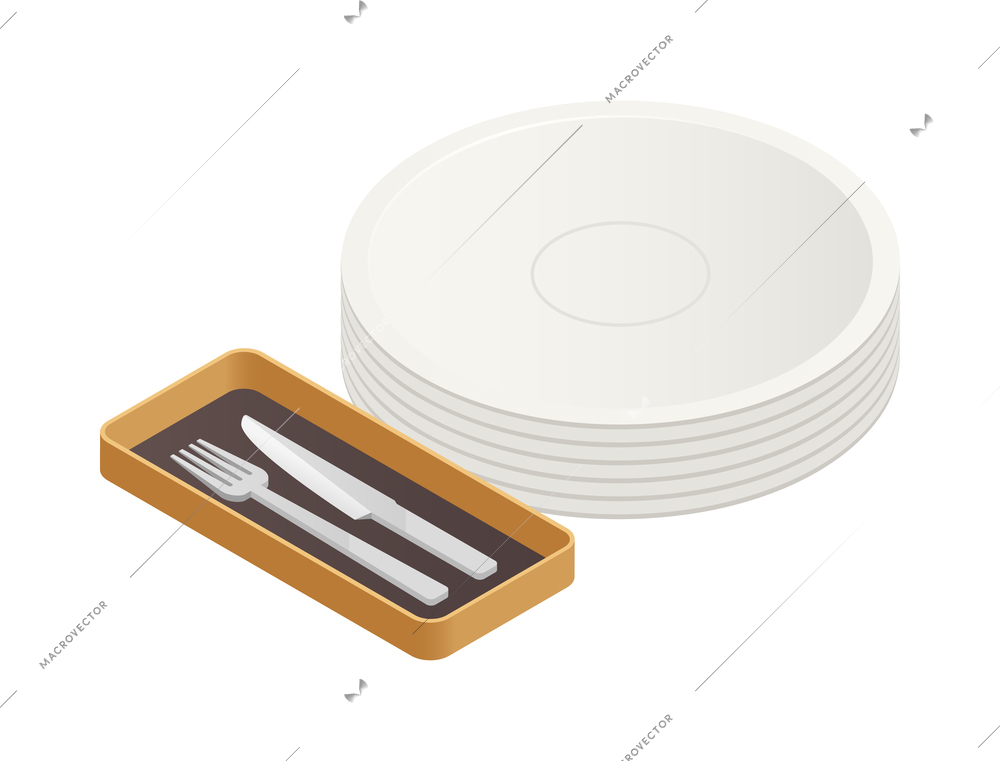 Tableware isometric icon with pile of white clean plates fork and knife 3d vector illustration