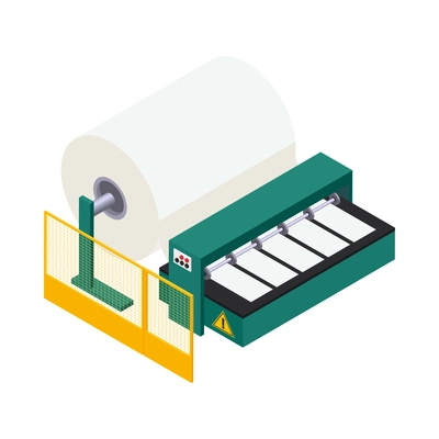 Paper production icon with factory equipment for cutting and sheet formation 3d isometric vector illustration