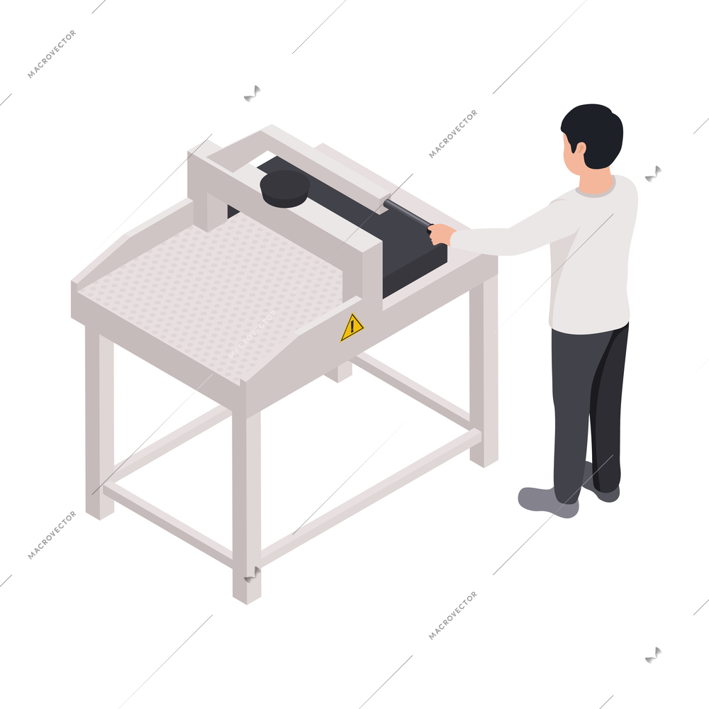 Printing house isometric icon with equipment and man 3d vector illustration