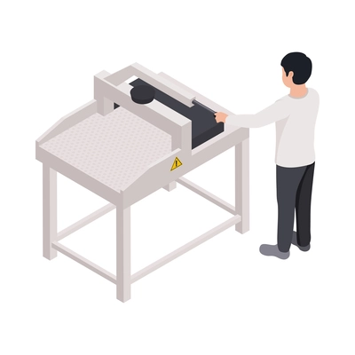 Printing house isometric icon with equipment and man 3d vector illustration