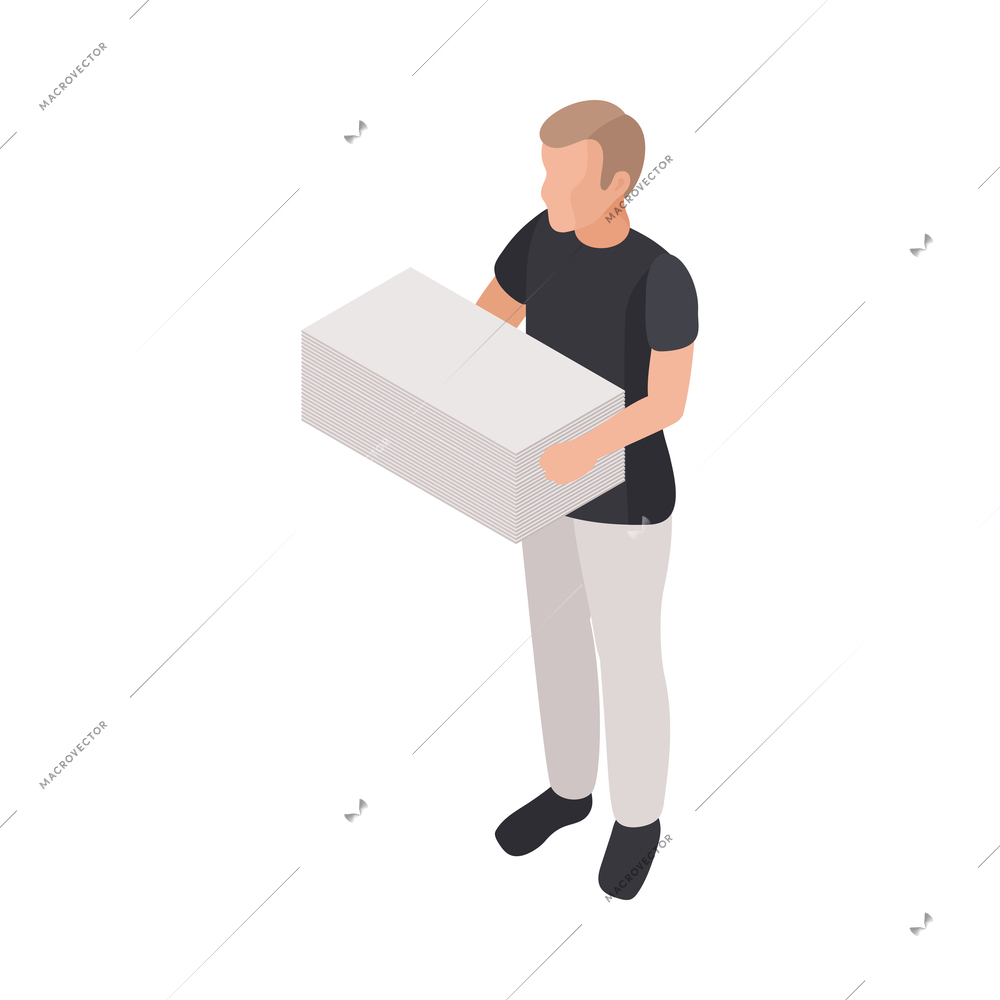 Printing house worker holding stack of papers isometric character 3d vector illustration