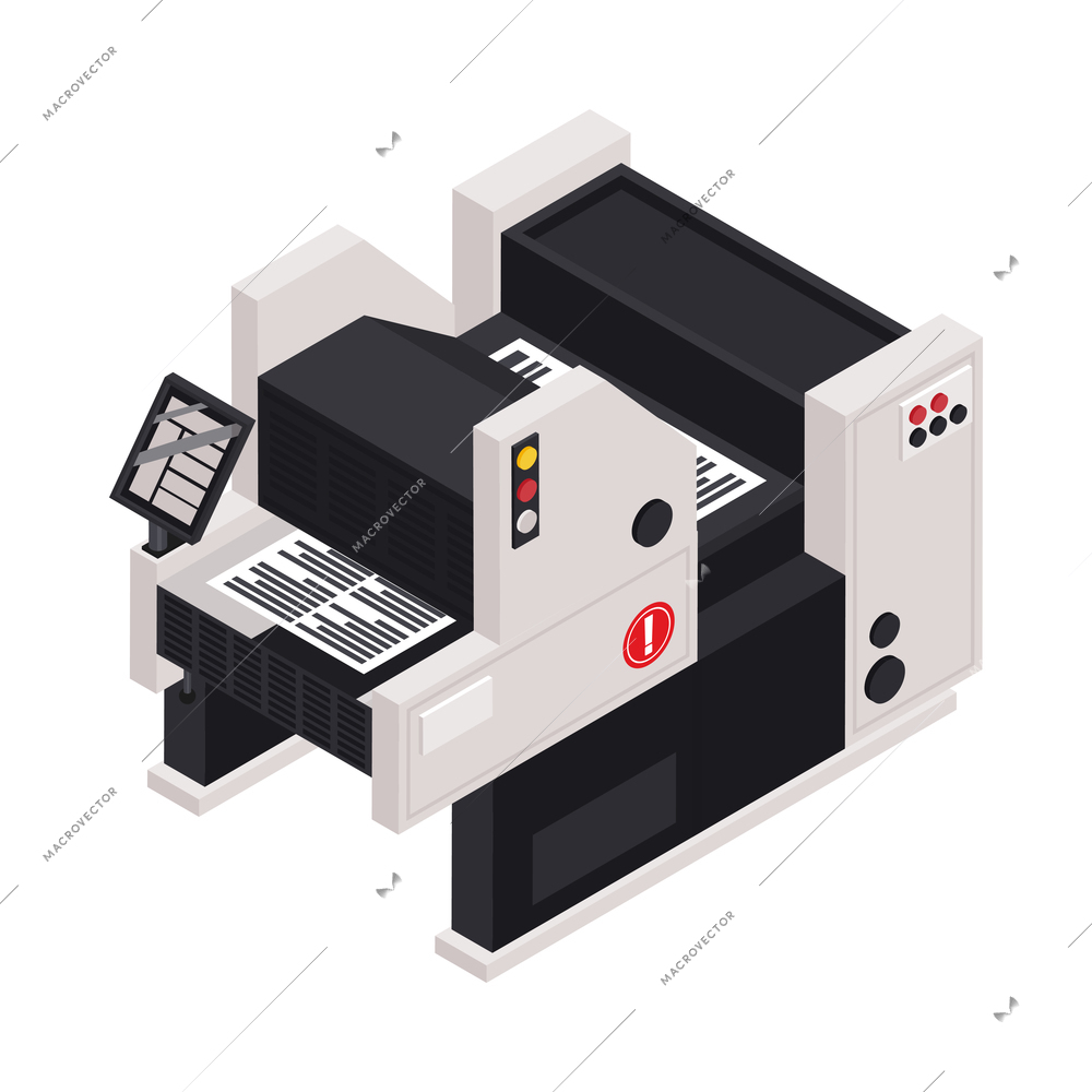 Publishing house printing equipment on white background 3d isometric vector illustration