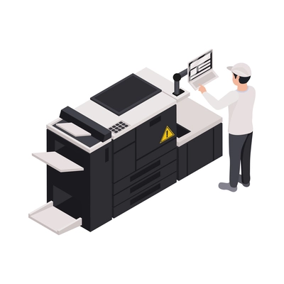 Printing house isometric icon with printer equipment and worker 3d vector illustration