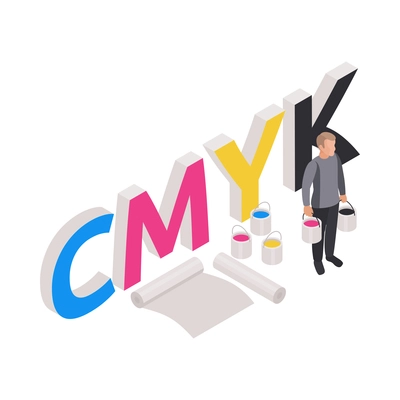 Printing house polygraphy concept with cmyk papers and worker holding buckets with paints 3d isometric vector illustration