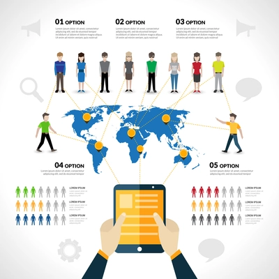 Social network infographics set with people avatars options and world map vector illustration