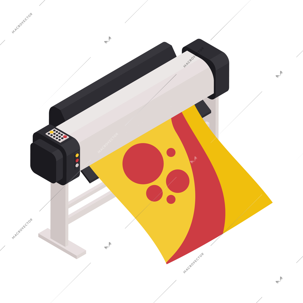 Printing house equipment with printer at work on white background 3d vector illustration