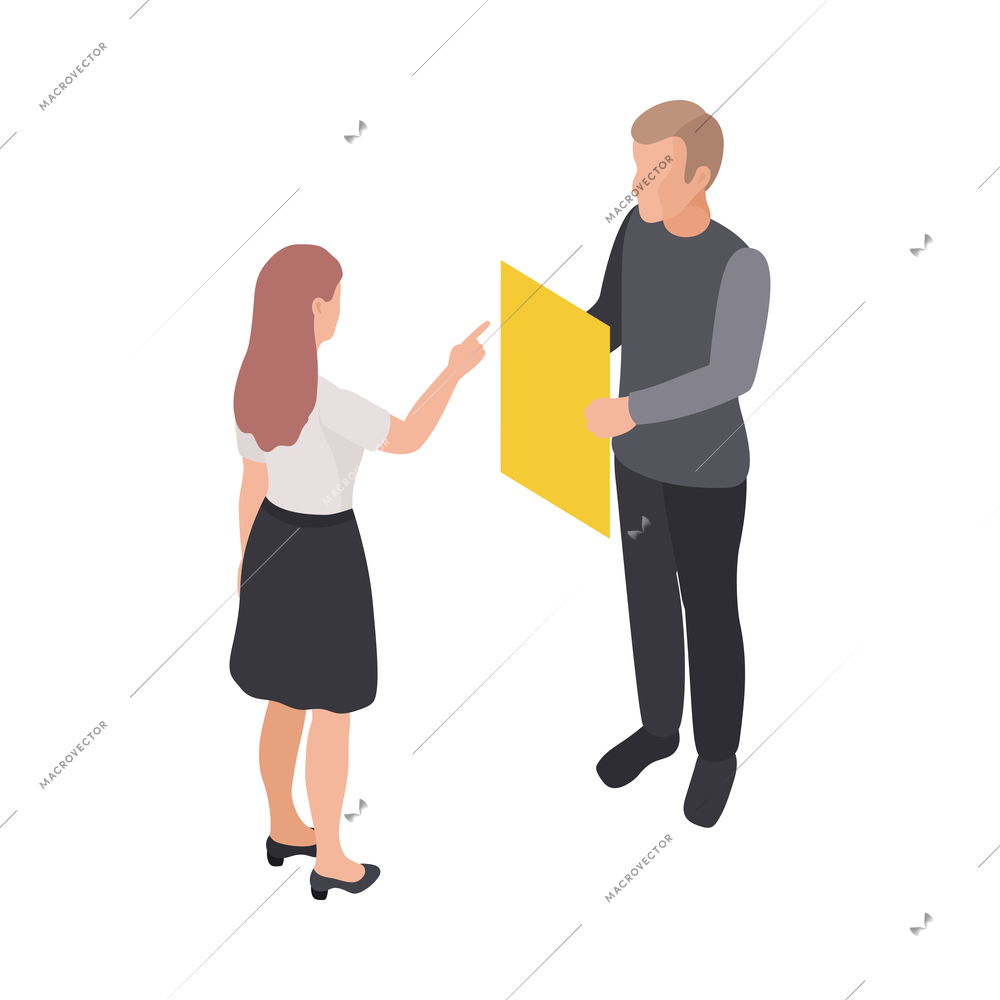 Printing house designer showing paper to editor 3d isometric vector illustration