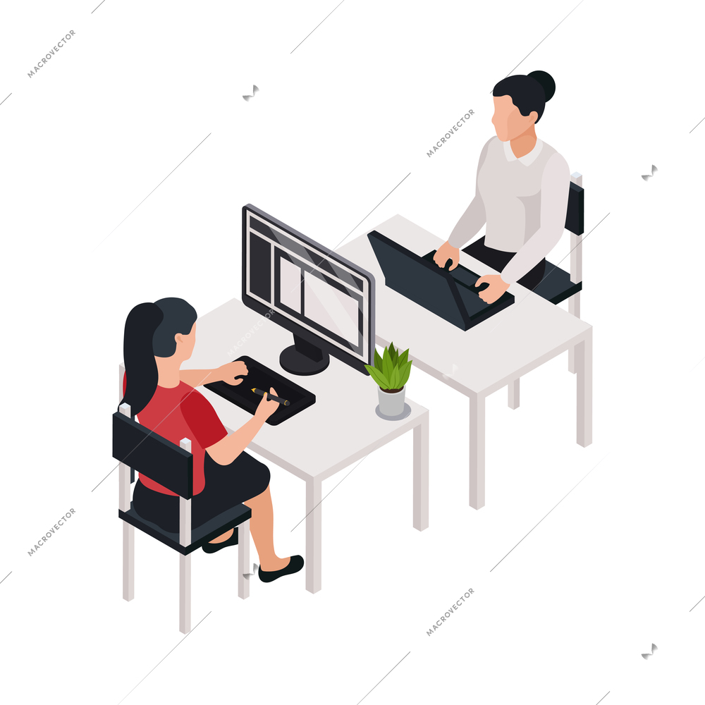 Isometric printing house office with two female editors or designers working on computers 3d vector illustration