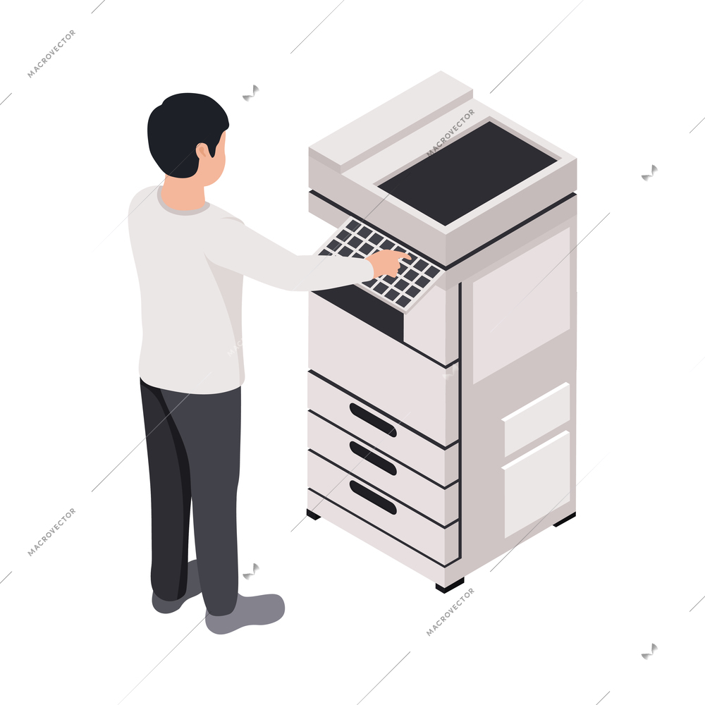 Isometric worker using equipment in printing house 3d vector illustration