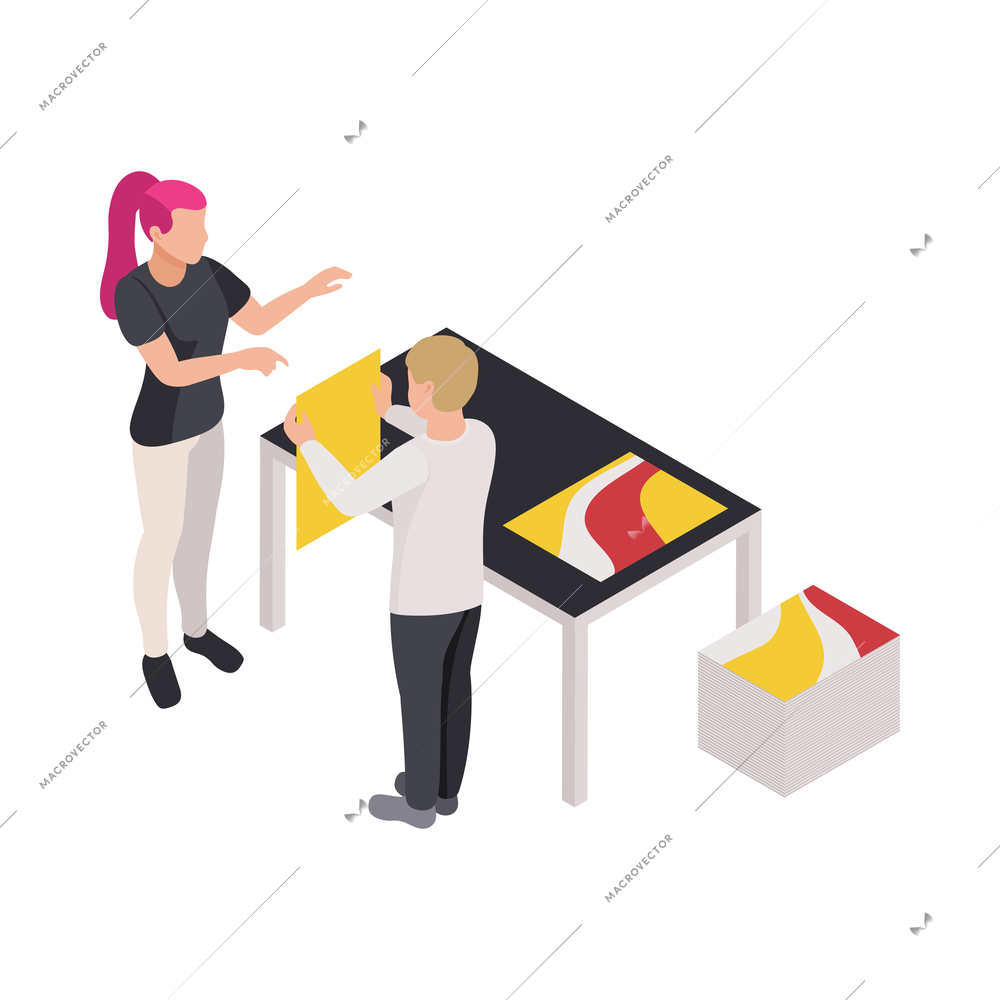 Isometric editor and designer working in printing house 3d vector illustration