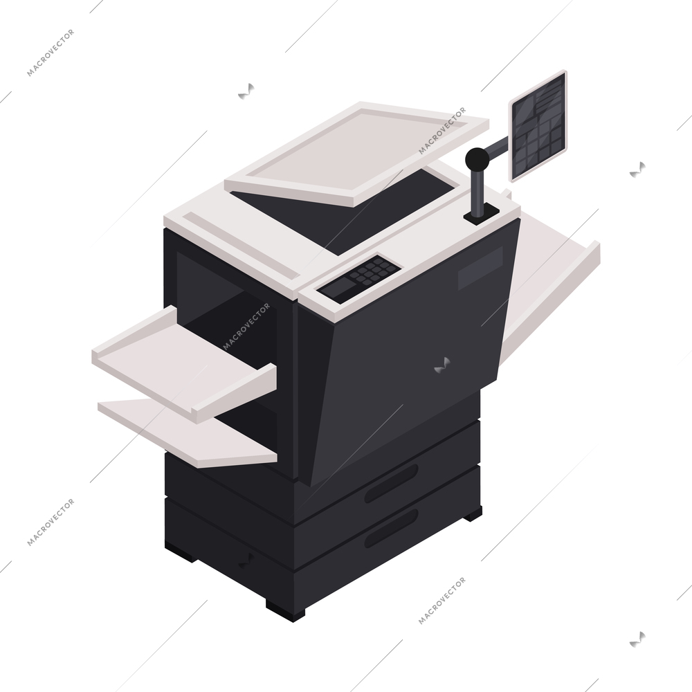 Isometric professional printing equipment for publishing house 3d vector illustration